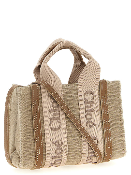 Woody Mini Handbag in Linen Canvas with Tan Leather Trim