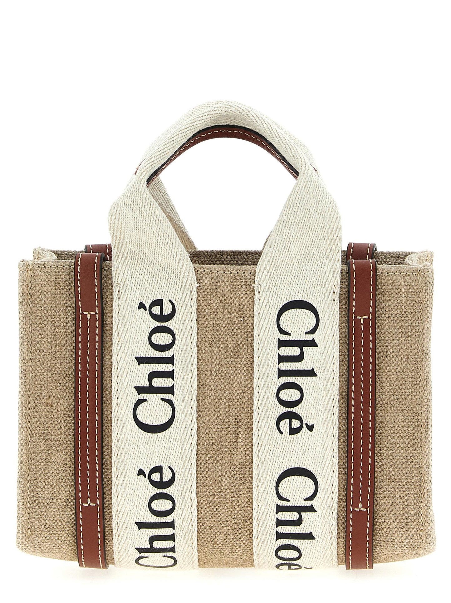 Woody Mini Handbag in Linen Canvas with Brown Leather Trim