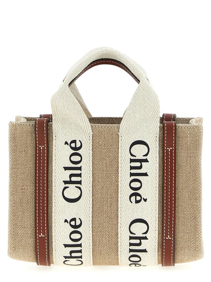Woody Mini Handbag in Linen Canvas with Brown Leather Trim