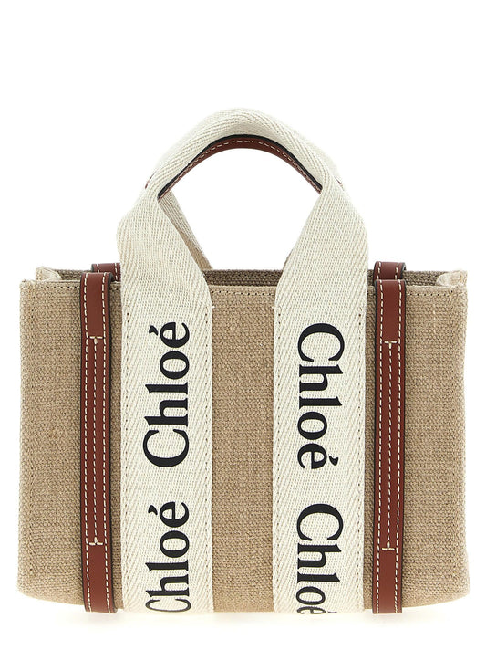 Woody Mini Handbag in Linen Canvas with Brown Leather Trim