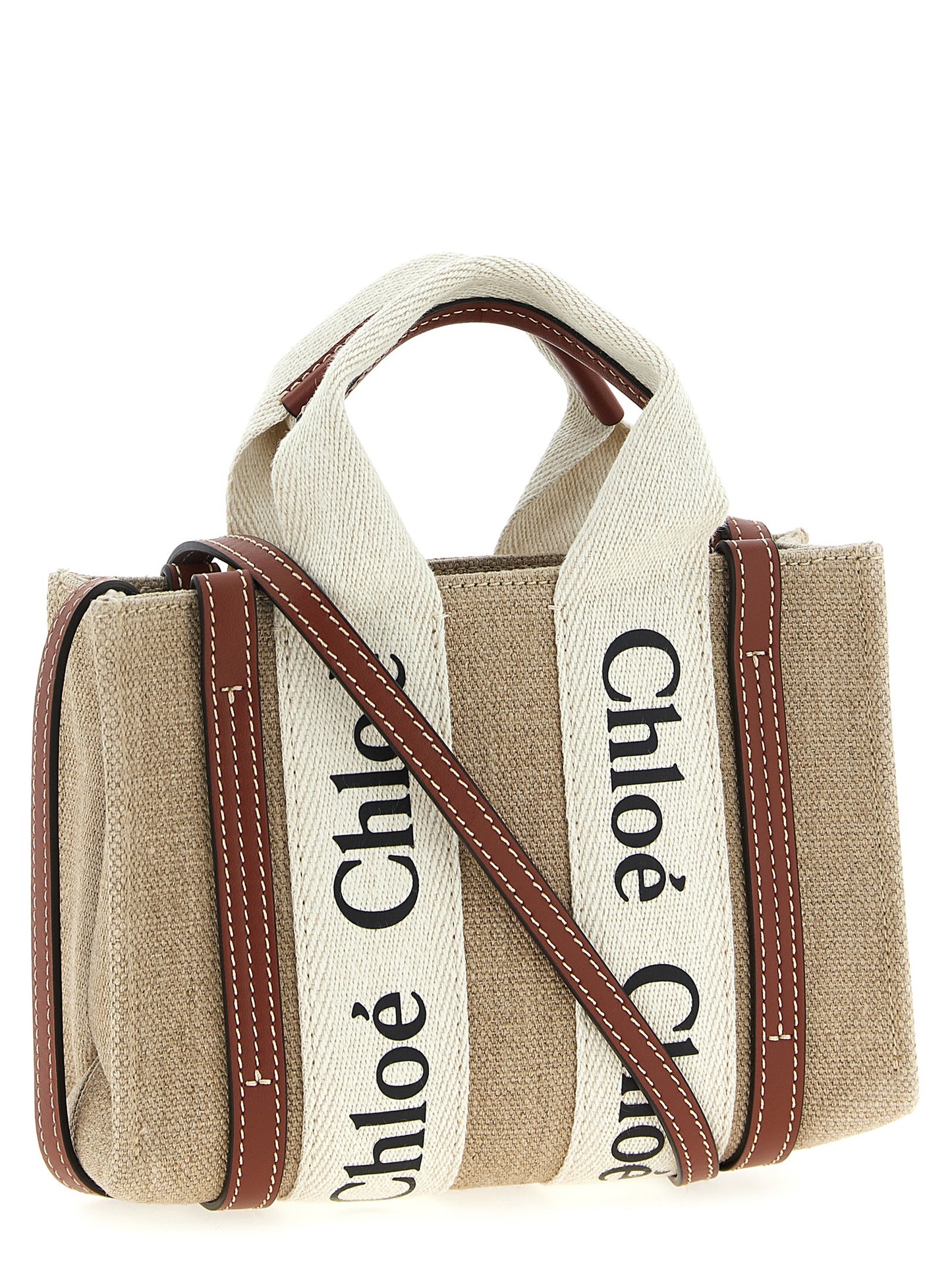 Woody Mini Handbag in Linen Canvas with Brown Leather Trim