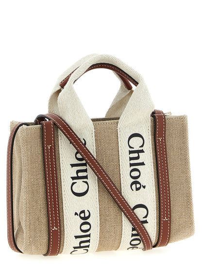 Woody Mini Handbag in Linen Canvas with Brown Leather Trim