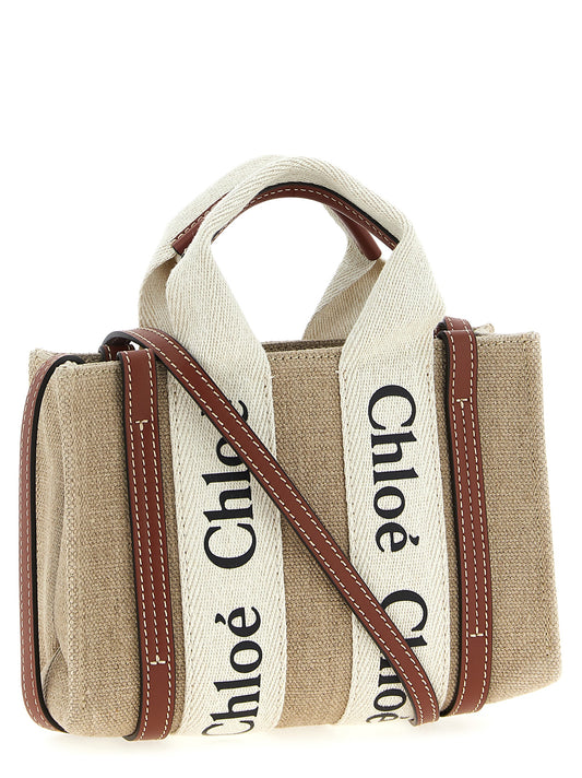 Woody Mini Handbag in Linen Canvas with Brown Leather Trim