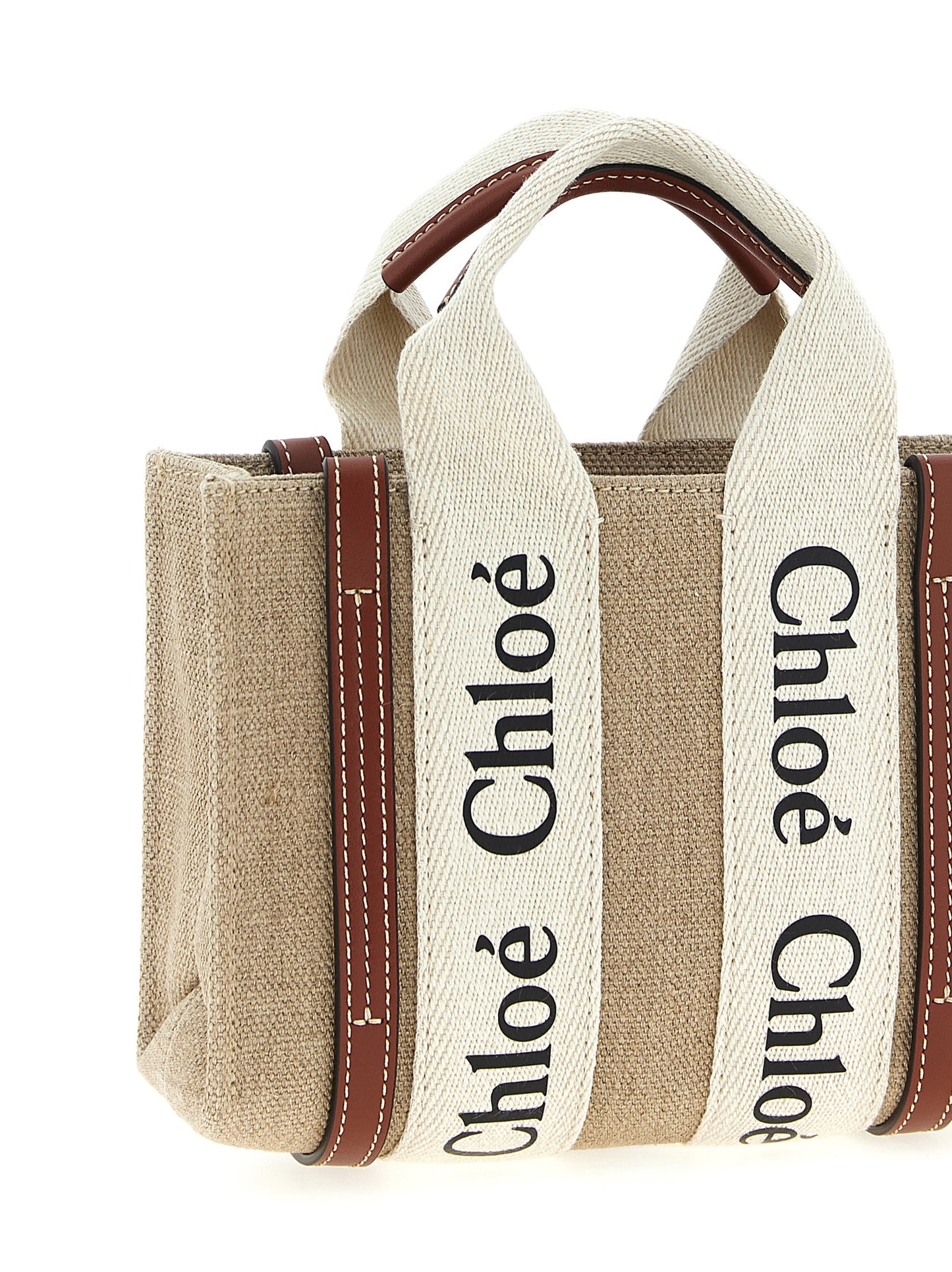 Woody Mini Handbag in Linen Canvas with Brown Leather Trim