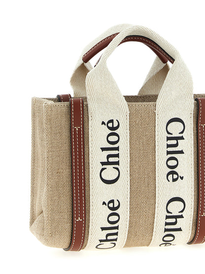 Woody Mini Handbag in Linen Canvas with Brown Leather Trim