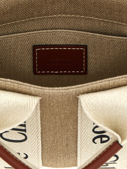 Woody Mini Handbag in Linen Canvas with Brown Leather Trim