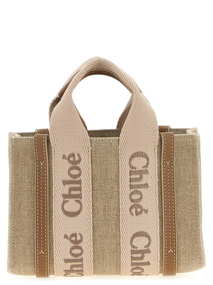 Woody Mini Handbag in Linen Canvas with Tan Leather Trim