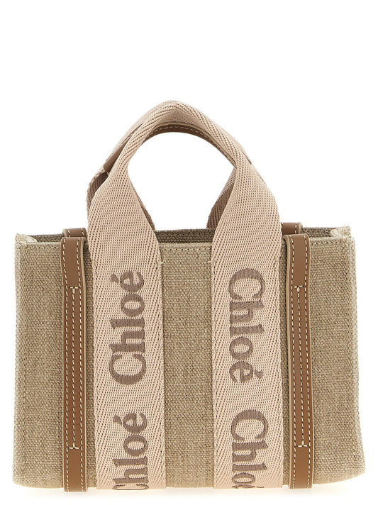 Woody Mini Handbag in Linen Canvas with Tan Leather Trim