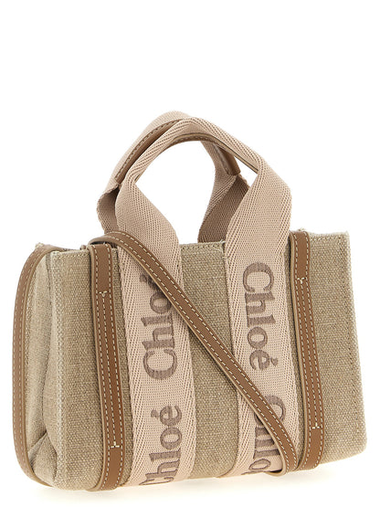 Woody Mini Handbag in Linen Canvas with Tan Leather Trim