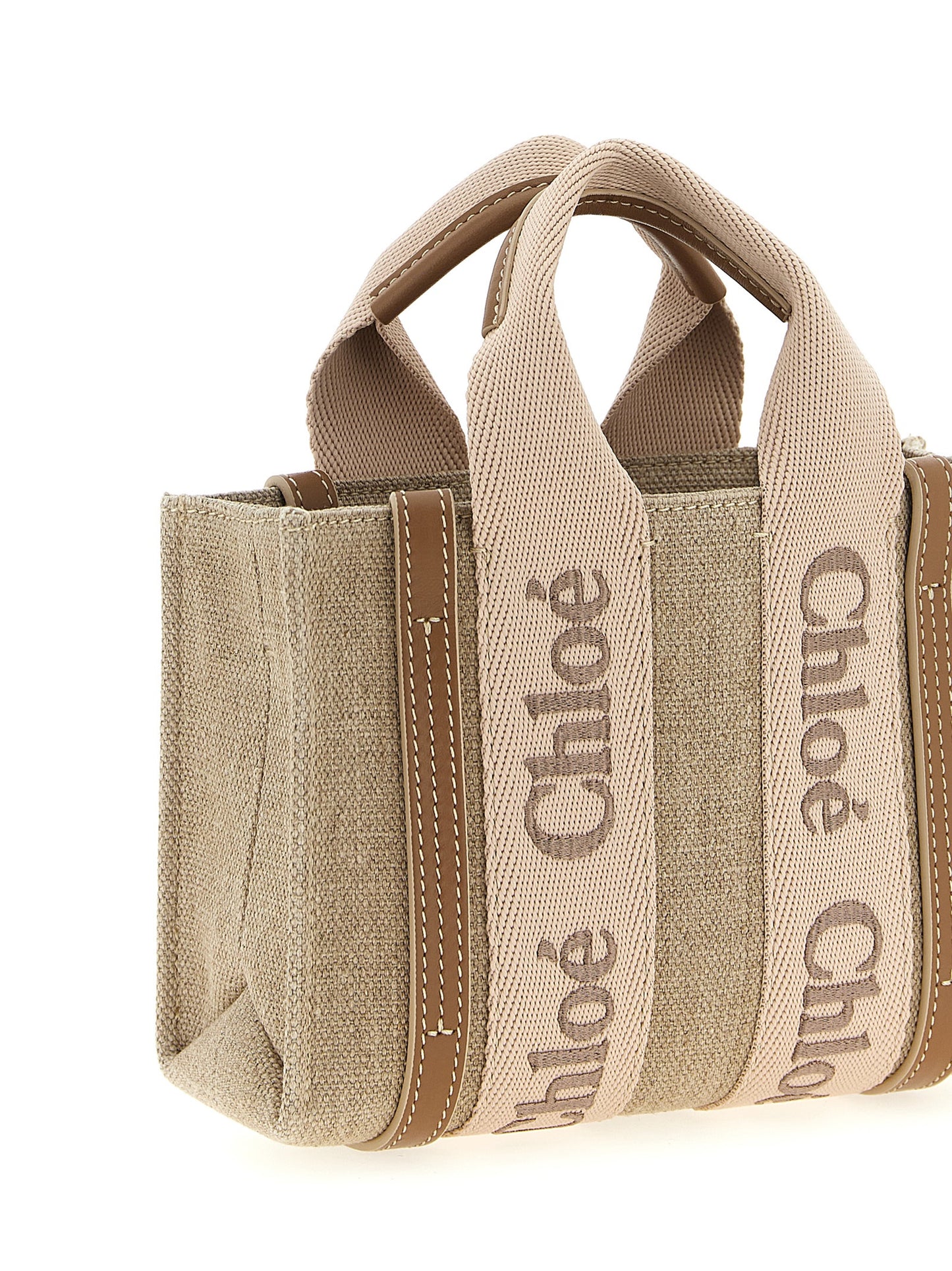 Woody Mini Handbag in Linen Canvas with Tan Leather Trim