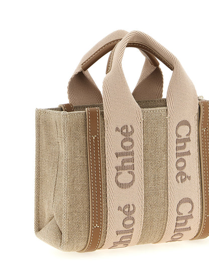 Woody Mini Handbag in Linen Canvas with Tan Leather Trim