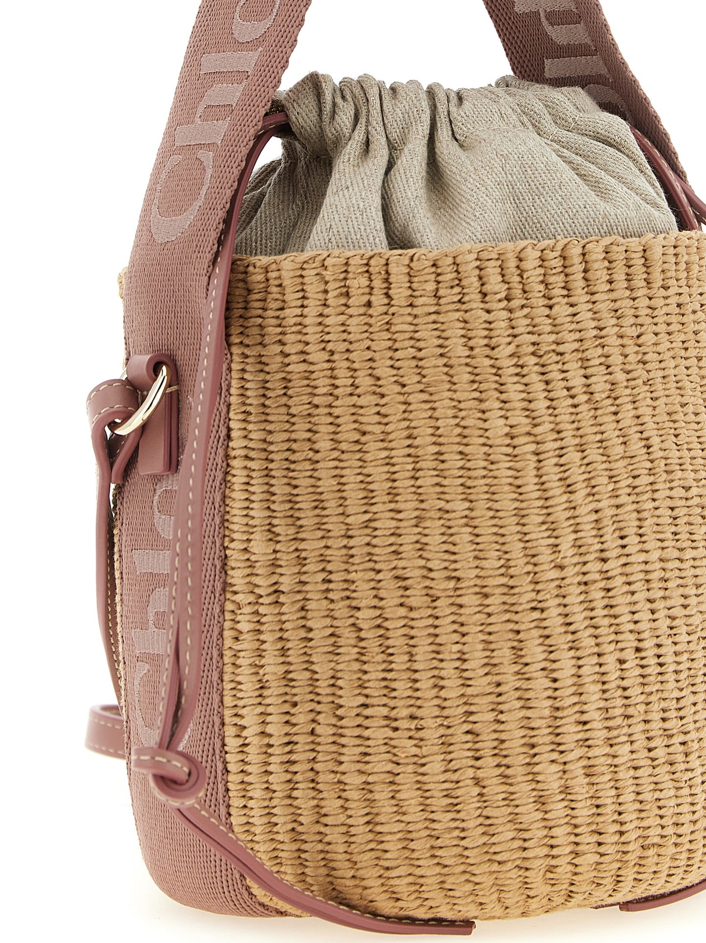 Woody Small Basket Bag with Logo Webbing in Beige Nougat