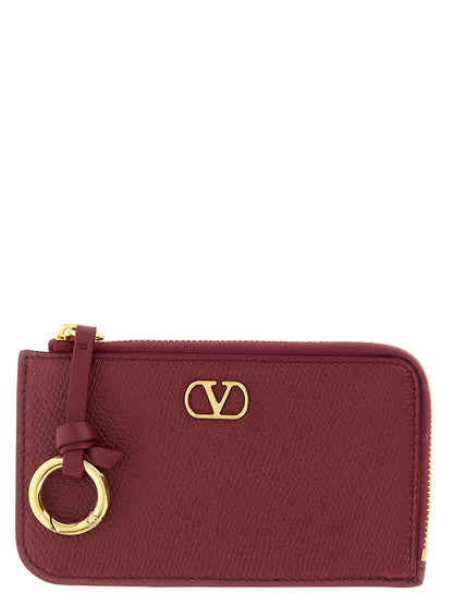 VLogo Signature Coin Purse and Card Holder in Textured Lamb Leather