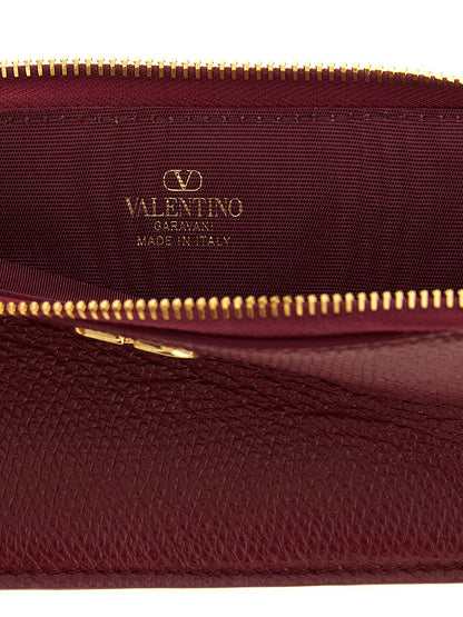 VLogo Signature Coin Purse and Card Holder in Textured Lamb Leather